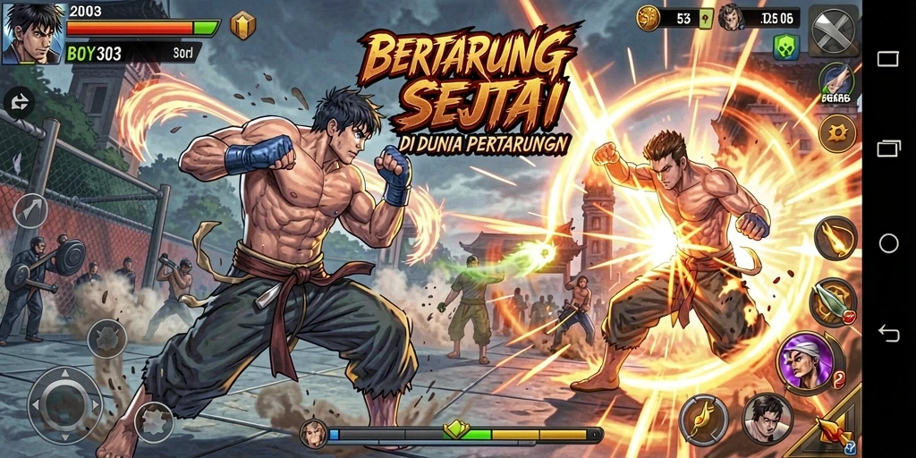 Tampilan gameplay BOY303 dengan pertarungan intens dan karakter beragam.