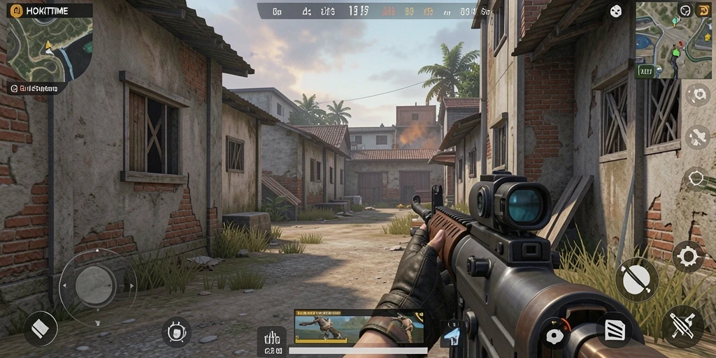 Tangkapan layar HOKITIME menunjukkan aksi intens dalam permainan FPS.
