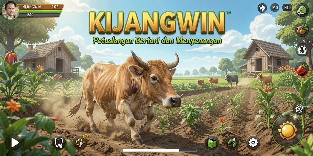 Tangkapan layar gameplay KIJANGWIN dengan suasana pertanian yang menarik.