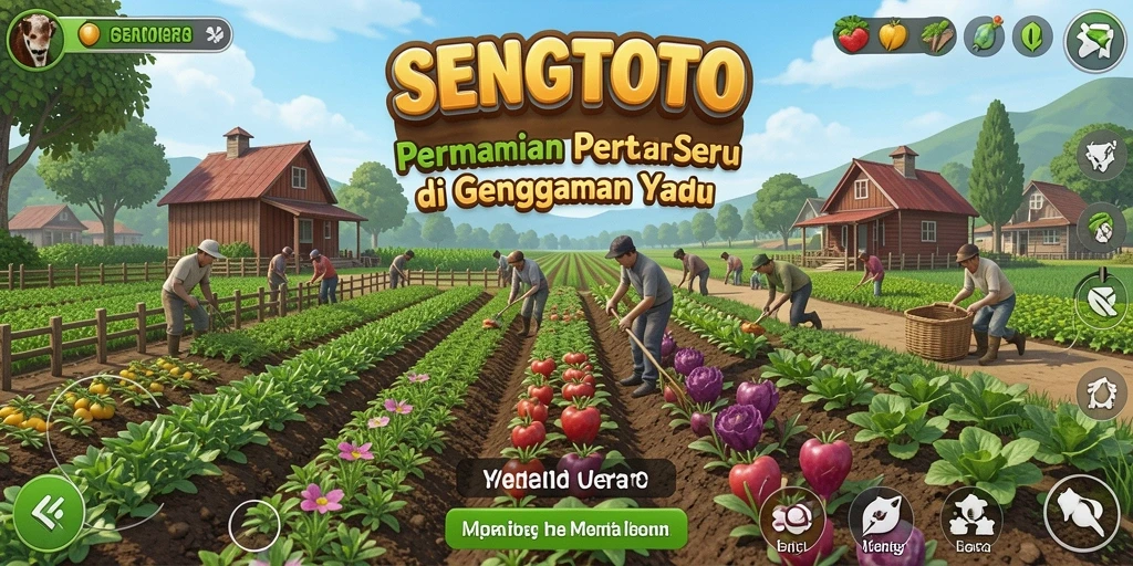Tampilan gameplay SENGTOTO dengan kebun yang indah dan aktivitas bertani.