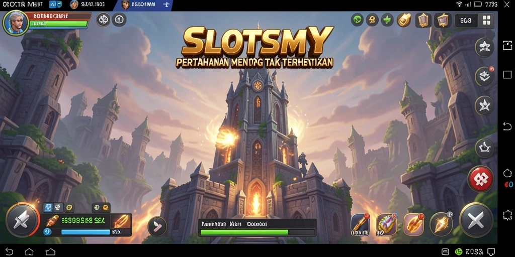 Tangkapan layar SLOTSMY menampilkan aksi menara bertahan dalam pertempuran epik.